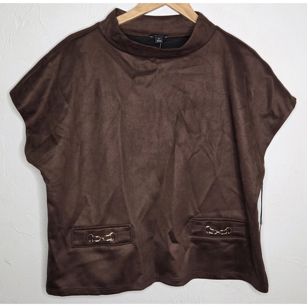 *NEW w/Tags Ann Taylor Faux Suede Mock Neck Shirt Short Sleeve Brown Size XL